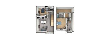 a stylized floor plan of a two bedroom apartment
