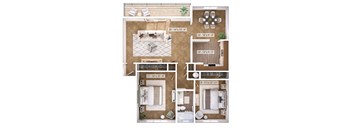 A floor plan of a house with a living room, dining room, kitchen, and bedrooms.