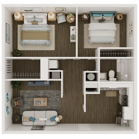 860 SF Two Bed One Bath Floor Plan at Greenway Flats in Fayetteville, AR