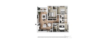 A floor plan of a small apartment with a kitchen, living room, and bedroom.