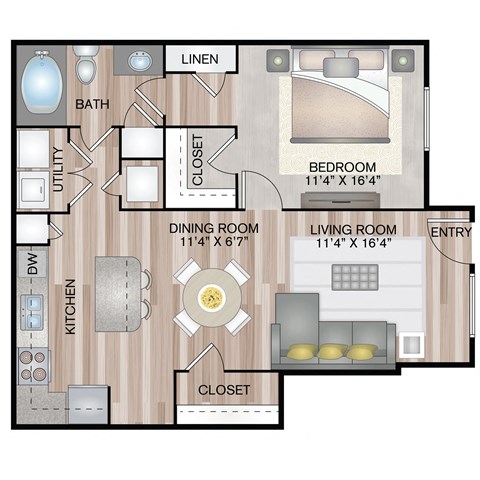 733 SF One Bedroom Meadowlane Overlook floor plan at The Lodge at Heritage Lakes in Lincoln, NE