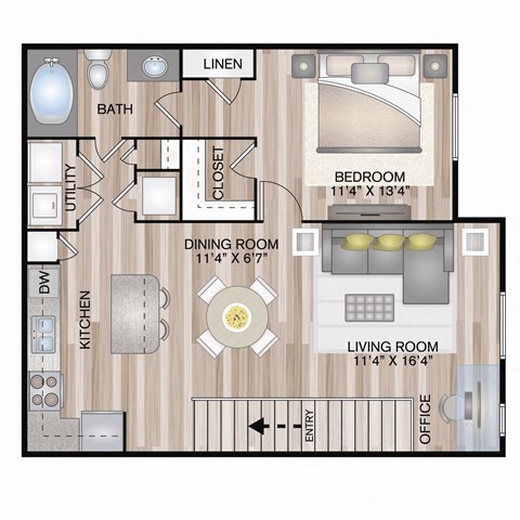 798 SF One bedroom Medowlane courtyard floor plan at The Lodge at Heritage Lakes in Lincoln, NE