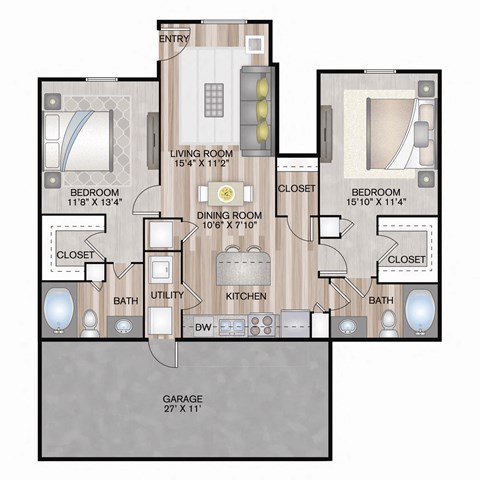 1120 SF Two Bedroom Cornhusker Overlook with Garage  floor plan at The Lodge at Heritage Lakes in Lincoln, NE