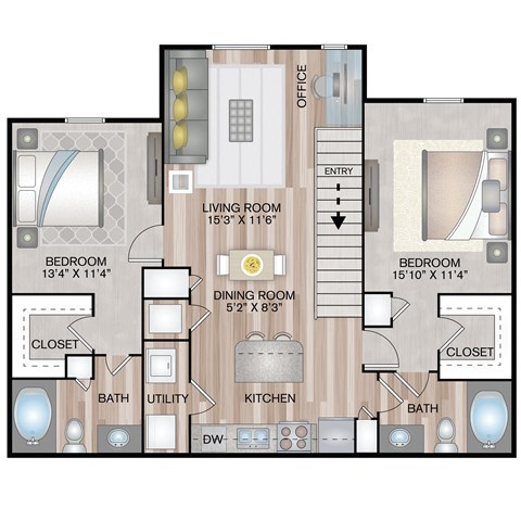 1120 SF Two Bedroom Cornhusker Courtyard floor plan at The Lodge at Heritage Lakes in Lincoln, NE