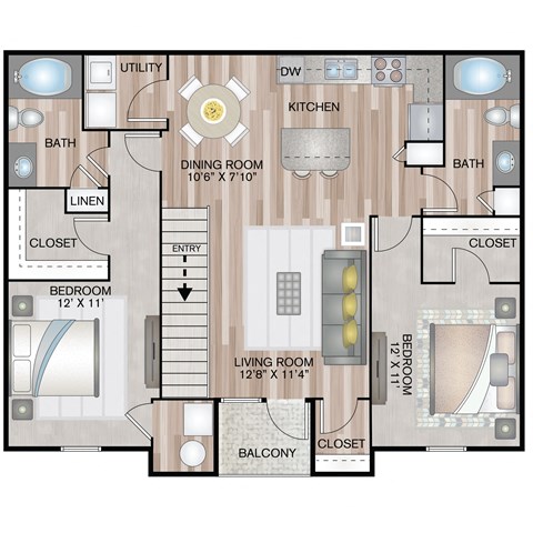 1085 SF Two Bedroom Firethorn Courtyard floor plan at The Lodge at Heritage Lakes in Lincoln, NE