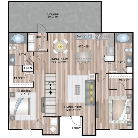 1085 SF Two Bedroom Firethorn Overlook floor plan at The Lodge at Heritage Lakes in Lincoln, NE