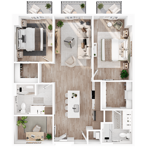 1,150 SF Two Bed Two Bath with Den Floor Plan at Lumen Lofts in Bentonville, AR