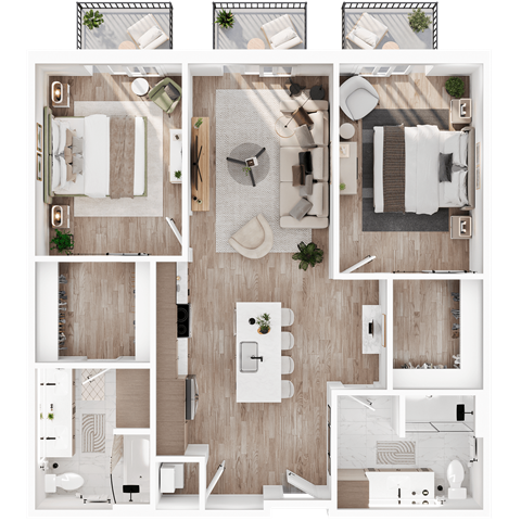 1,068 SF Two Bed Two Bath Sky Villa Floor Plan at Lumen Lofts in Bentonville, AR