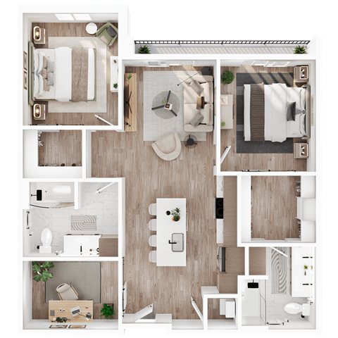 1,042 SF Two Bed Two Bath with Den Tindall Floor Plan at Lumen Lofts in Bentonville, AR