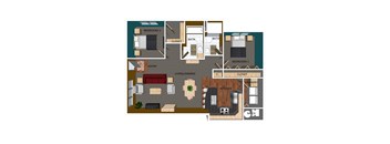 967 SF Two-Bed Two-Bath Floor Plan at Pacific West Apartments in Omaha, NE