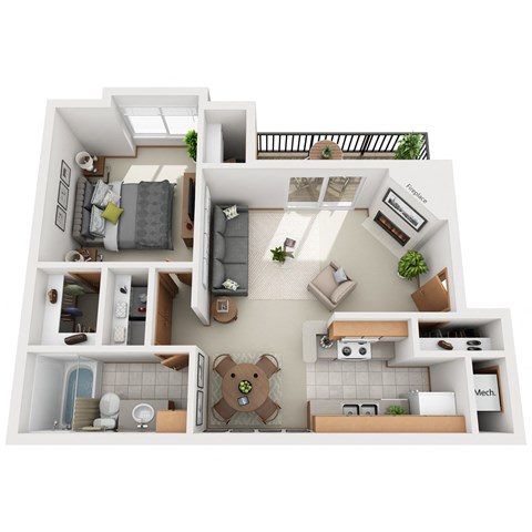 736 SF one bedroom floor plan at Park West in Omaha, NE