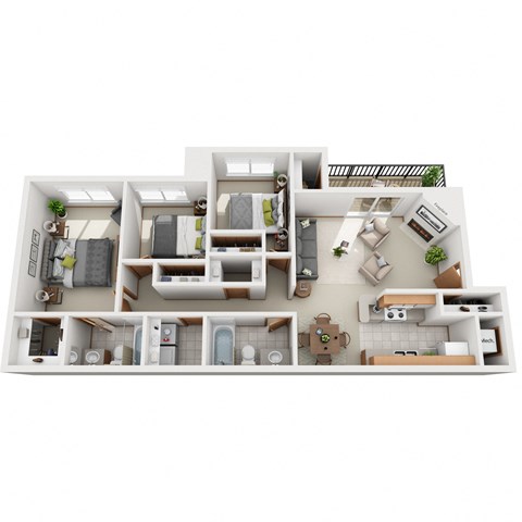 1160 SF three bedroom floor plan at Park West in Omaha, NE