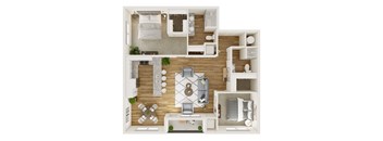 A top-down view of a modern apartment layout with a living room, kitchen, and bedrooms.
