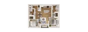 a furnished floor plan of a 1 bedroom apartment at the residences at silver hill in suitland