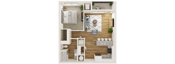 A top-down view of a small apartment with a bed, a couch, a table, and a TV.