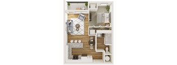 A top-down view of a modern apartment layout with a living area, kitchen, and bathroom.