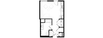 A black and white floor plan of a house with a kitchen, living room, and bathroom.