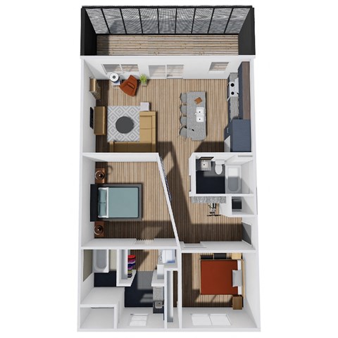 1,058 SF Two Bed Two Bath Honeysuckle Floor Plan at Red Barn in Bentonville, AR