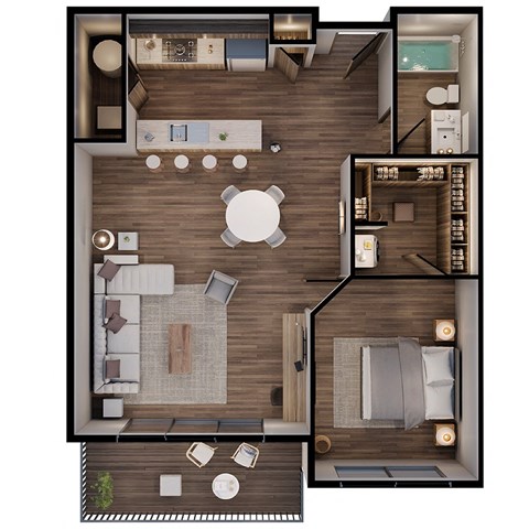 a 3d drawing of the 1st floor of a 1 bedroom apartment