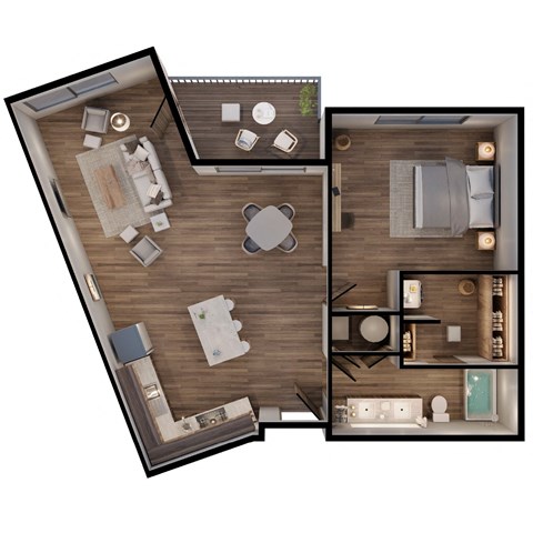 a 3d drawing of the loft with a bedroom and a living room