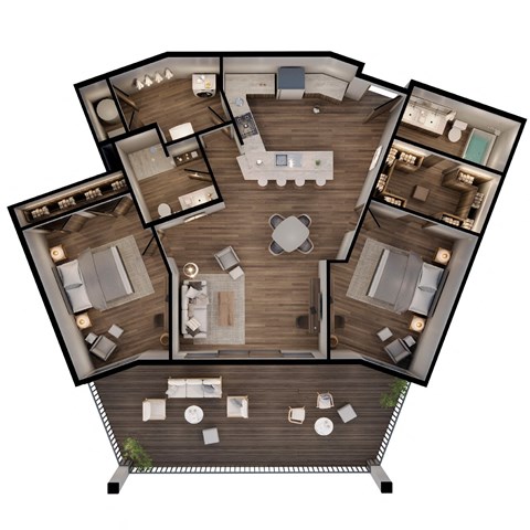 3d floor plan of a house with a bedroom and a living room
