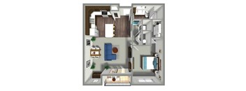 A 3D floor plan of a small apartment with a living room, kitchen, and bathroom.