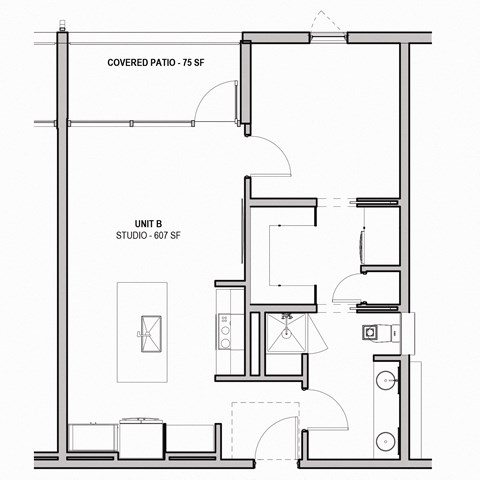 607 SF One Bed One Bath Floor Plan at The Howard East Central in Bentonville, AR