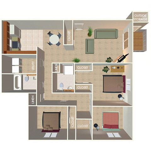 1,375 SF Three Bed Two Bath Floor Plan at The Pointe in La Vista, NE