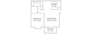690 SF One Bedroom Floor Plan at Thomasbrook apartments in Lincoln, NE