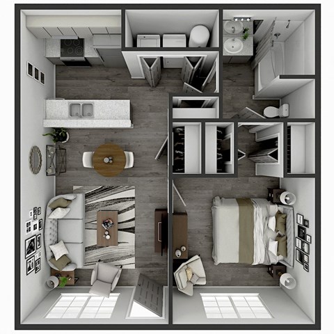 586 SF one bed one bath floor plan at Touchstone Village in Bentonville, AR