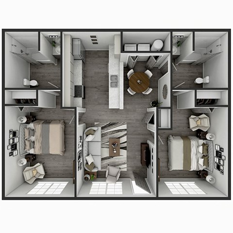 1,150 SF two bed two bath floor plan at Touchstone Village in Bentonville, AR