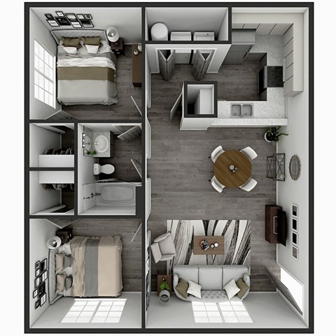 768 SF two bed one bath floor plan at Touchstone Village in Bentonville, AR