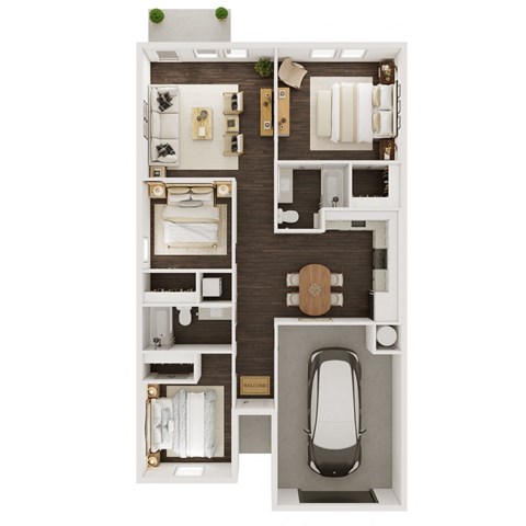 1194 SF three bedroom townhome floor plan at Woodward Park in Highfill, AR