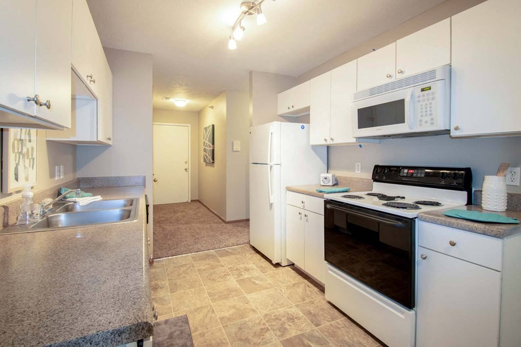 Large galley kitchens at Flatwater Apartments in La Vista, NE