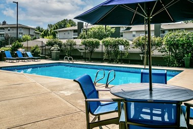 Sparkling pool with umbrella coverage at The Falgrove, Omaha