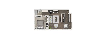 A floor plan of a small apartment with a living room, bedroom, and bathroom.