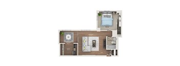 A floor plan of a small apartment with a bedroom, living room, dining area, kitchen, and bathroom.