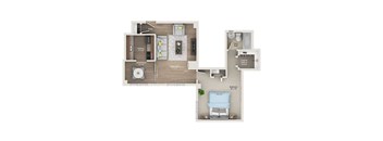 A floor plan of a small apartment with a living room, dining area, kitchen, and bedroom.