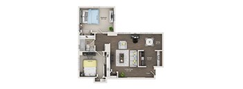 A floor plan of a small apartment with a living room, two bedrooms, a kitchen, and a foyer.