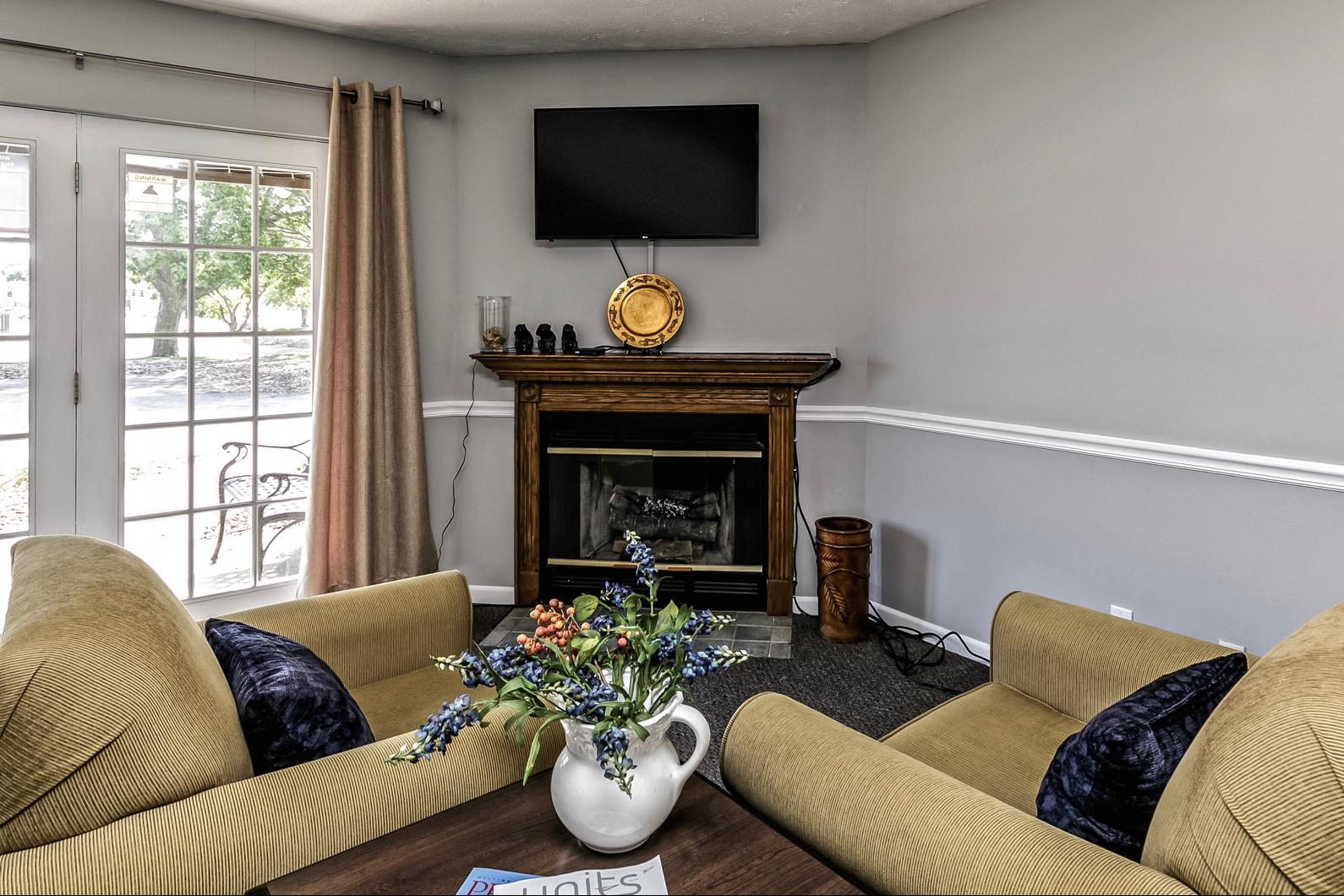 a living room with couches and a fireplace and a tv