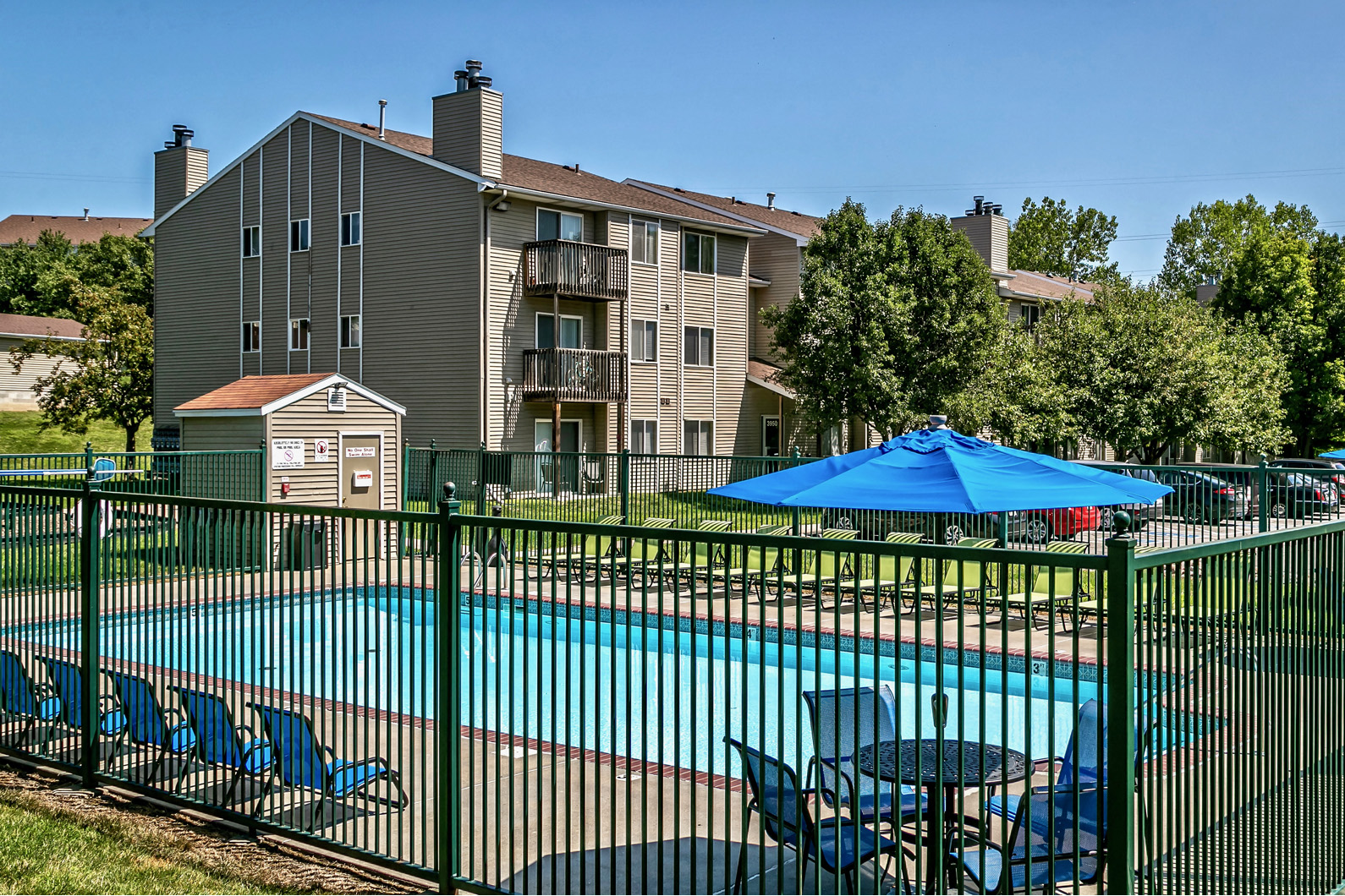 Large sparkling pool at Fox Valley Apartments in Omaha, NE