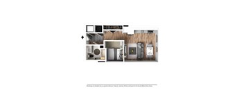 A floor plan of a small apartment with a kitchen, living room, and bedroom.