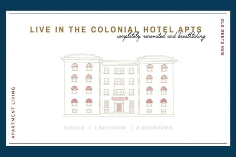 A poster advertising colonial hotel apartments with a line drawing of the building.