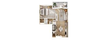 A top-down view of a small apartment layout with a kitchen, living room, and bathroom.
