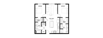 A black and white image of a house floor plan with two bedrooms, a living and dining area, two bathrooms, a laundry room, and a mech.