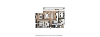 A 3D rendered image of a house layout.