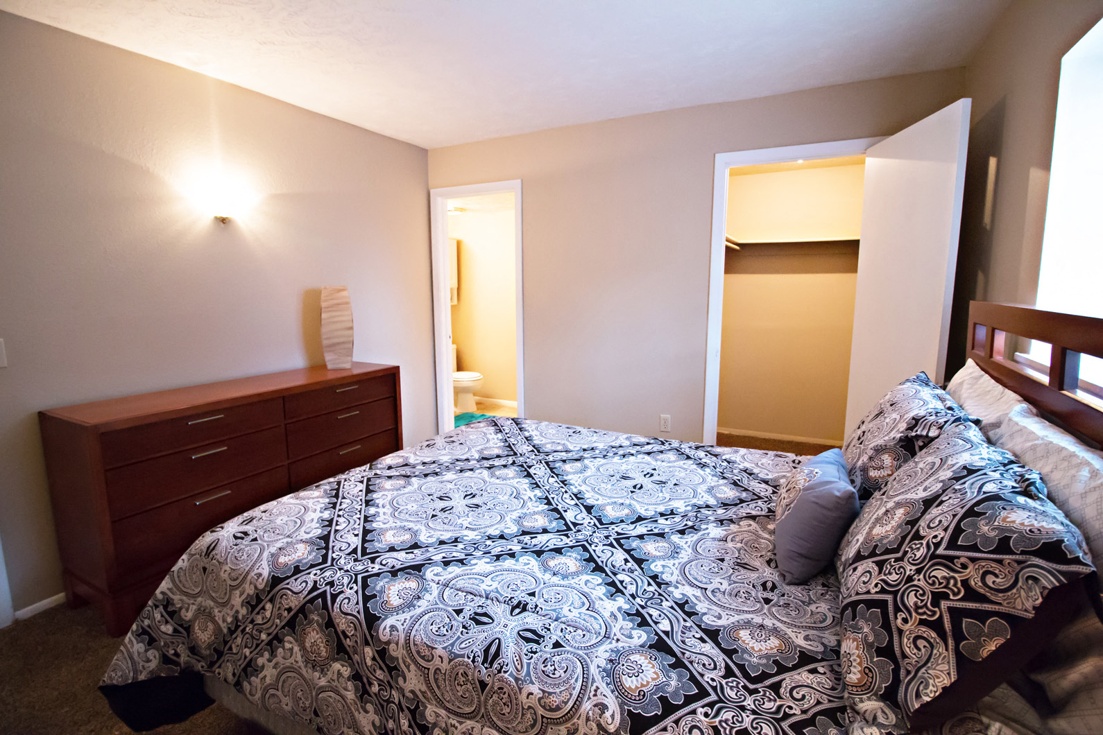 a bedroom with a bed and a dresser and a closet