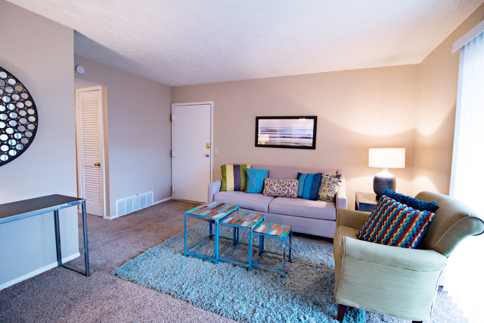 a living room with a couch and a coffee table