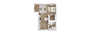 A top-down view of a small, neatly organized apartment with a kitchen, living room, and bathroom.