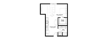 A floor plan of a small apartment with a living room, kitchen, bathroom, and laundry.